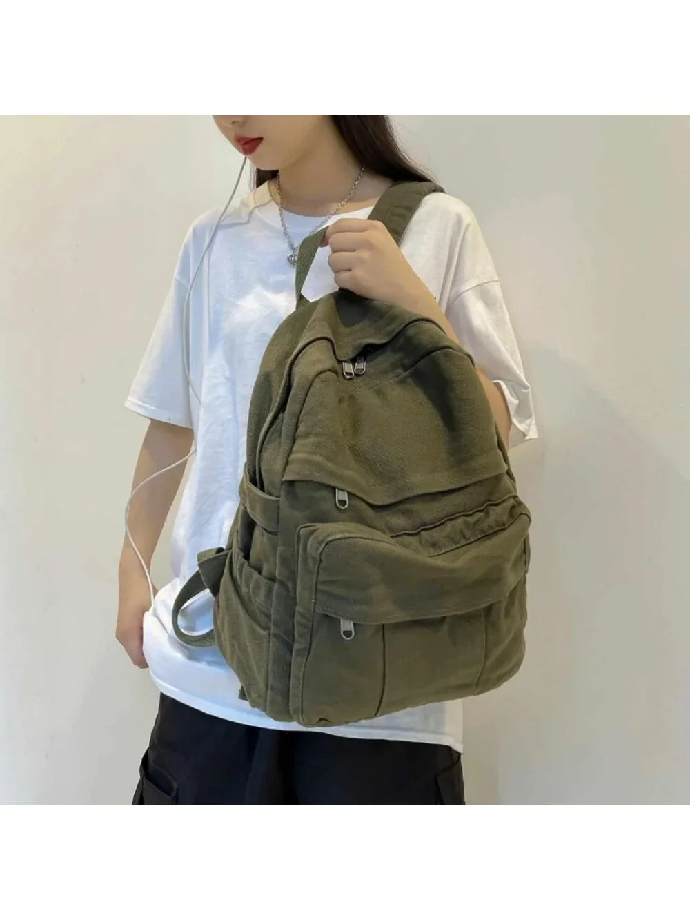 Retro Military Green Canvas Backpack - Unisex Rucksack for School, Travel